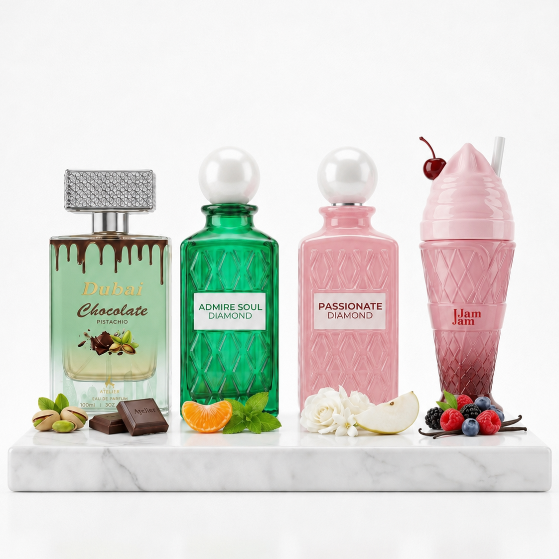 Set 4 Parfumuri Arabesti (2x Barbat + 2x Dama) 100ML - Dubai Chocolate + Admire Soul + Passionate Diamond + Jam Jam
