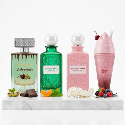 Set 4 Parfumuri Arabesti (2x Barbat + 2x Dama) 100ML - Dubai Chocolate + Admire Soul + Passionate Diamond + Jam Jam
