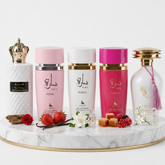 Set 5 Parfumuri Orientale Dama 100ML - Oud Romancia + Sara Pink + Sara White + Sara Candy + Aliya