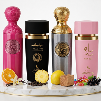 Set 4 Parfumuri Orientale (2x Barbat + 2x Dama) 100ML - Qissah Pink + Apollo Mane + Qissah Grey + Sara Candy