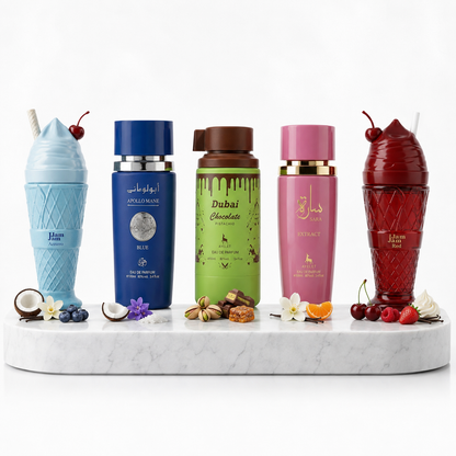 Set 5 Parfumuri Orientale 100ML (3 Barbati + 2 Dama) - Jam Jam Azzurro + Apollo Mane Blue + Dubai Chocolate + Sara Extract + Jam Jam Red