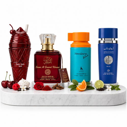 Set 4 Parfumuri Orientale 100ML (2 Dama + 2 Barbati) - Jam Jam Red + Sama Al Emarat Khususi + Mandarin Blue + Apollo Mane Blue