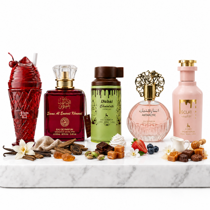 Set 5 Parfumuri Orientale Dama 100ML - Jam Jam Red + Sama Al Emarat Khususi + Dubai Chocolate + Antarctic Pink + Eclat