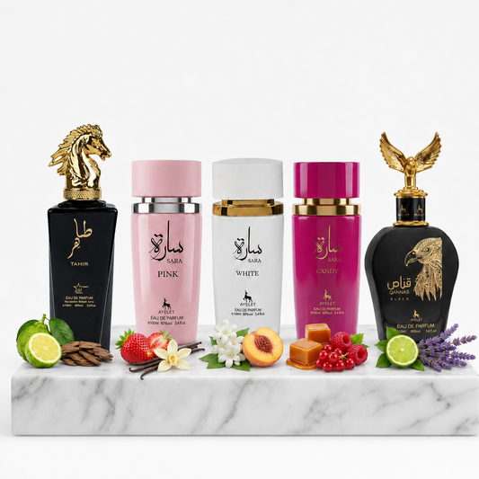 Set 5 Parfumuri Orientale 100ML (3 Dama + 2 Barbat) - Tahir + Sara Pink + Sara White + Sara Candy + Qannas Black