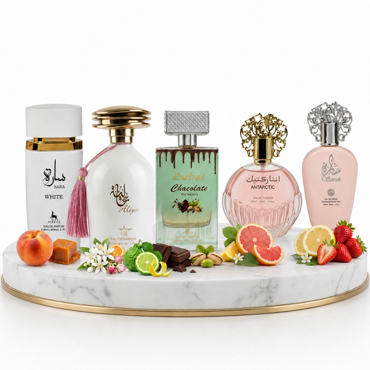 Set 5 Parfumuri Orientale Dama 100ML - Sara White + Aliya + Dubai Chocolate + Antarctic Pink + Sarah