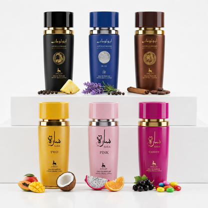 Set 6 Parfumuri Orientale 100ML (3 Dama + 3 Barbati) - Apollo Black + Apollo Blue + Apollo Brown + Sara Two + Sara Pink + Sara Candy