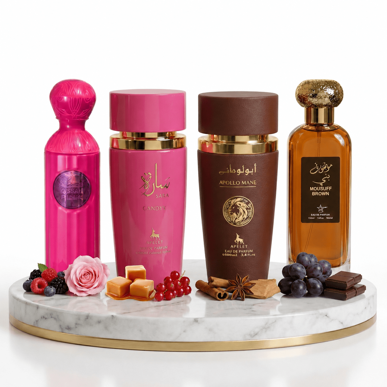 Set 4 Parfumuri Arabesti (2x Barbat + 2x Dama) 100ML - Sara Candy + Qissah Pink + Apollo Mane Brown + Mousuff Brown