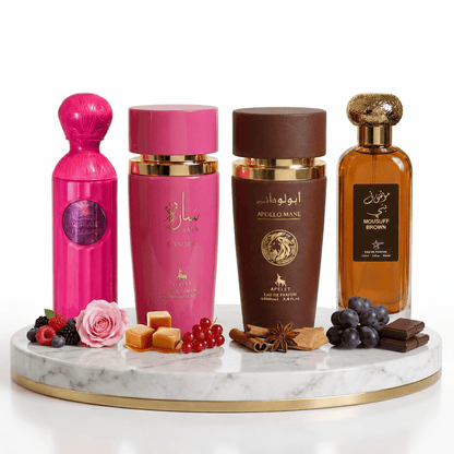 Set 4 Parfumuri Arabesti (2x Barbat + 2x Dama) 100ML - Sara Candy + Qissah Pink + Apollo Mane Brown + Mousuff Brown