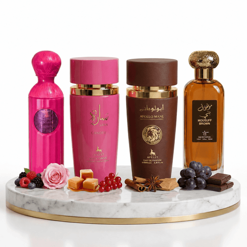 Set 4 Parfumuri Arabesti (2x Barbat + 2x Dama) 100ML - Sara Candy + Qissah Pink + Apollo Mane Brown + Mousuff Brown