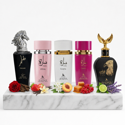 Set 5 Parfumuri Orientale 100ML (3 Dama + 2 Barbat) - Tahir + Sara Pink + Sara White + Sara Candy + Qannas Black