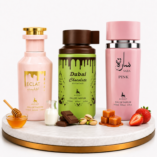 Set 3 Parfumuri Orientale de Dama - Eclat + Dubai Chocolate + Sara Pink
