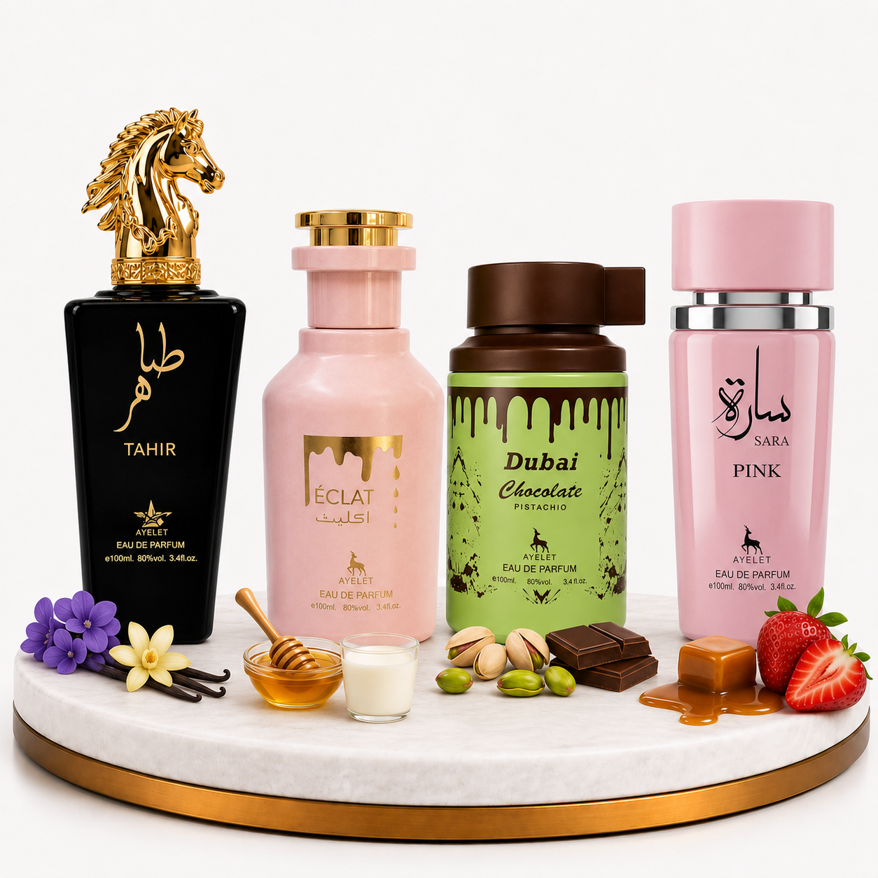 Set 4 Parfumuri Orientale 100ML (2x Dama + 2x Barbati) - Eclat + Dubai Chocolate + Sara Pink + Tahir