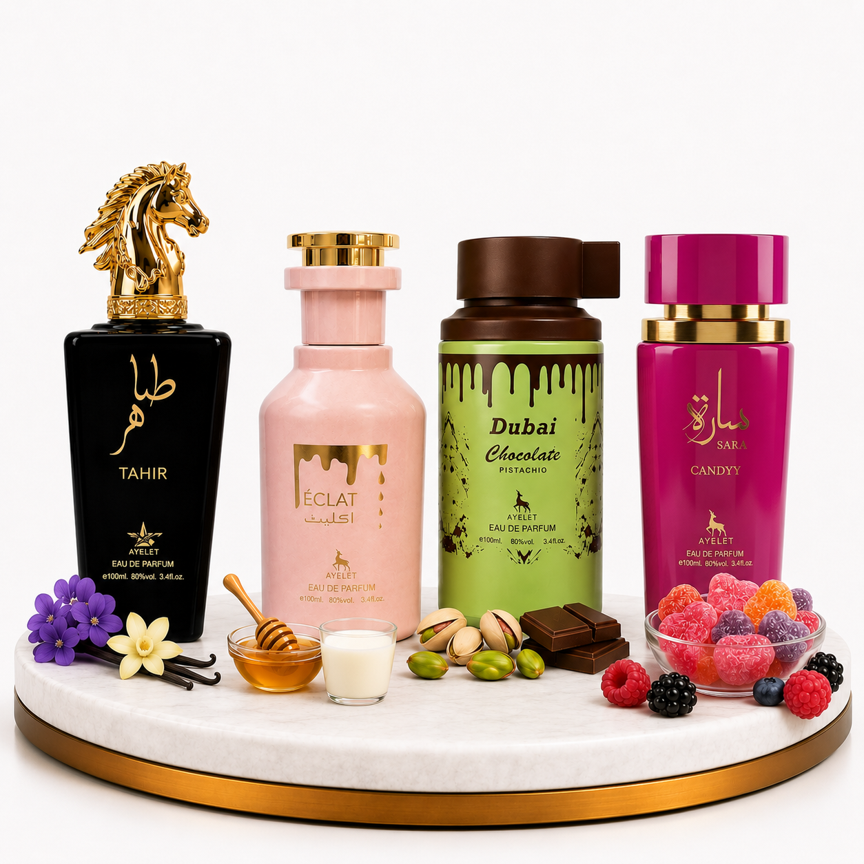 Set 4 Parfumuri Arabesti (2x Barbat + 2x Dama) 100ML - Tahir + Eclat + Dubai Choco + Sara Candy