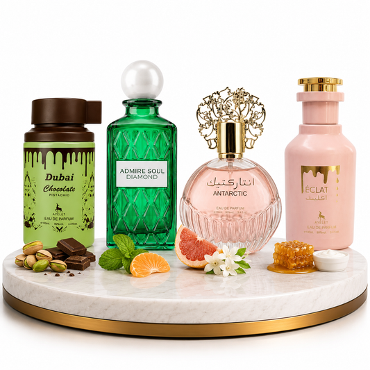 Set 4 Parfumuri Arabesti (2x Barbat + 2x Dama) 100ML - Dubai Chocolate + Admire Soul + Antarctic Pink + Eclat