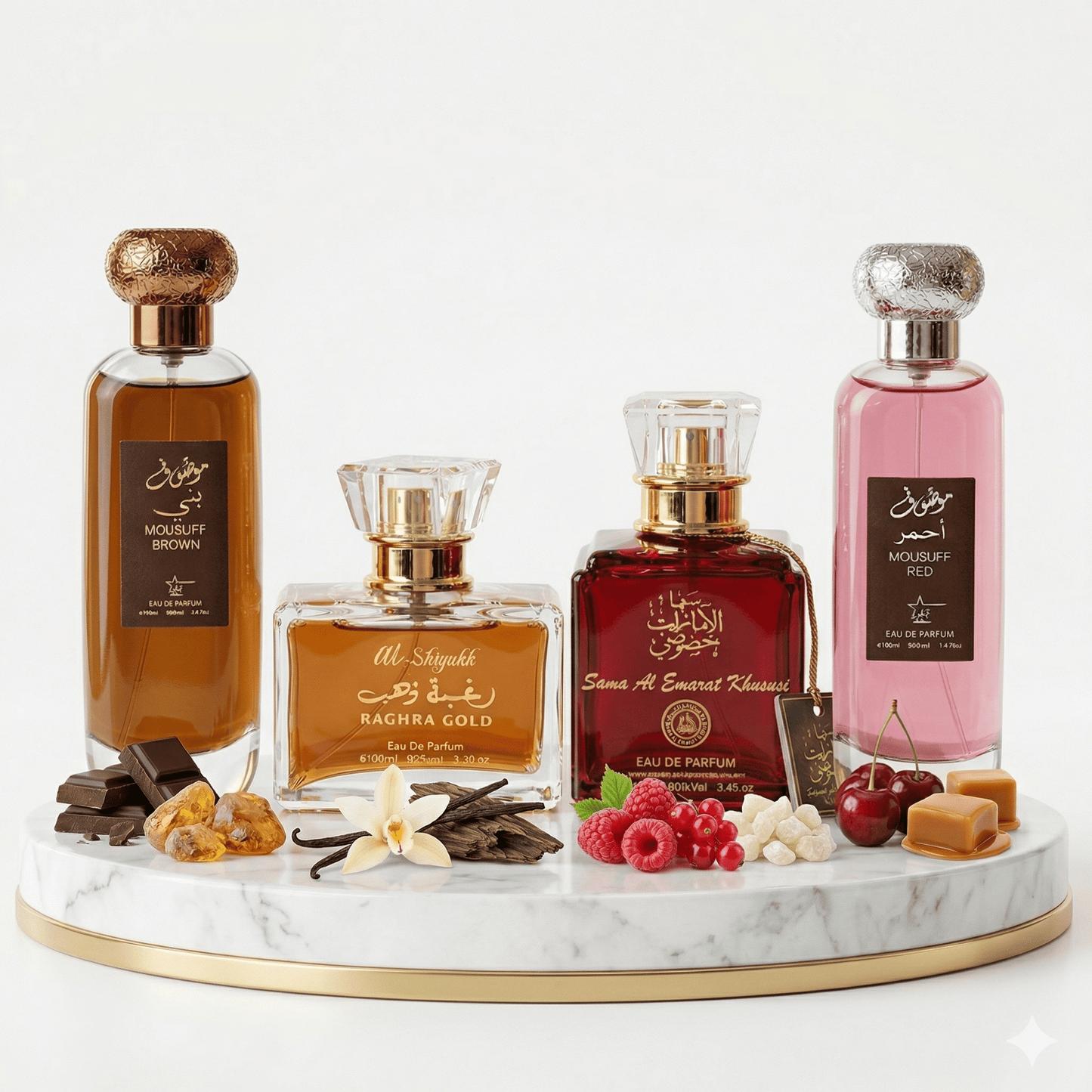 Set 4 Parfumuri Arabesti (2x Barbat + 2x Dama) 100ML - Mousuff Brown + Raghba Gold + Sama Al Emarat Khususi + Mousuff Red
