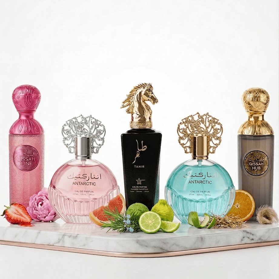 Set 5 Parfumuri Orientale 100ML (2 Dame + 3 Barbati) - Qissah Pink + Antarctic + Tahir + Antarctic + Qissah Grey