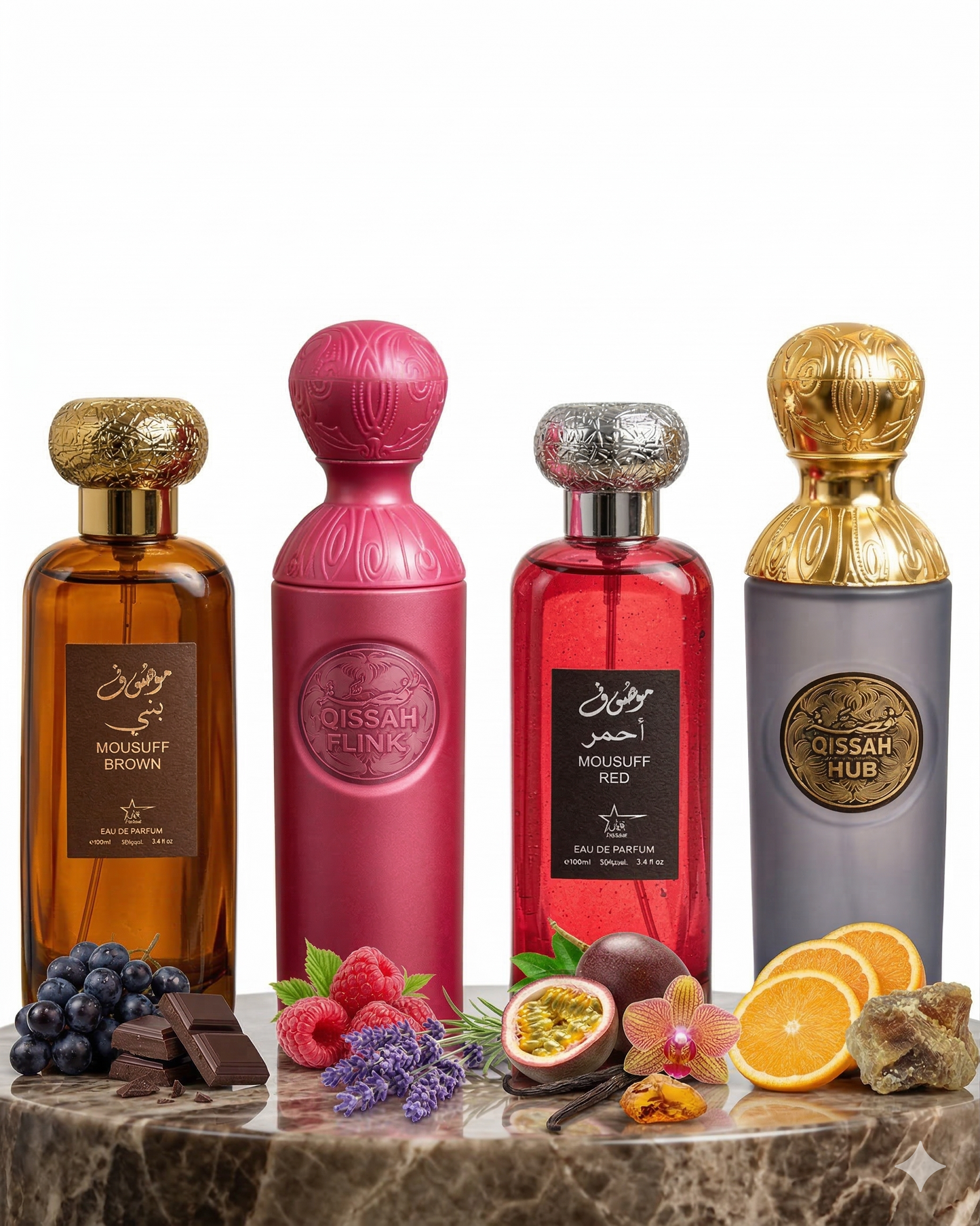 Set 4 Parfumuri Orientale (2x Barbat + 2x Dama) 100ML - Mousuff Brown + Qissah Pink + Mousuff Red + Qissah Grey