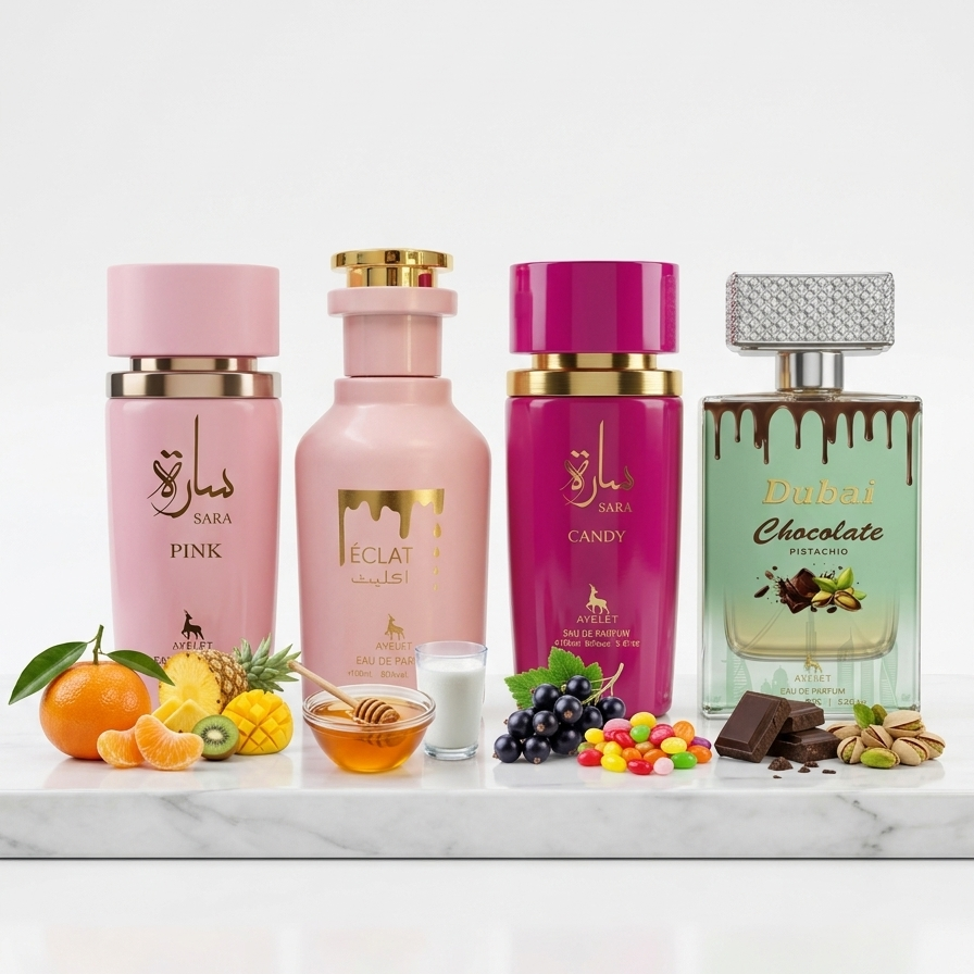 Set 4 Parfumuri Orientale de Dama - Sara Pink + Eclat + Sara Candy + Dubai Chocolate