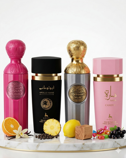 Set 4 Parfumuri Orientale (2x Barbat + 2x Dama) 100ML - Qissah Pink + Apollo Mane + Qissah Grey + Sara Candy