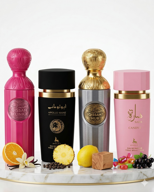 Set 4 Parfumuri Orientale (2x Barbat + 2x Dama) 100ML - Qissah Pink + Apollo Mane + Qissah Grey + Sara Candy