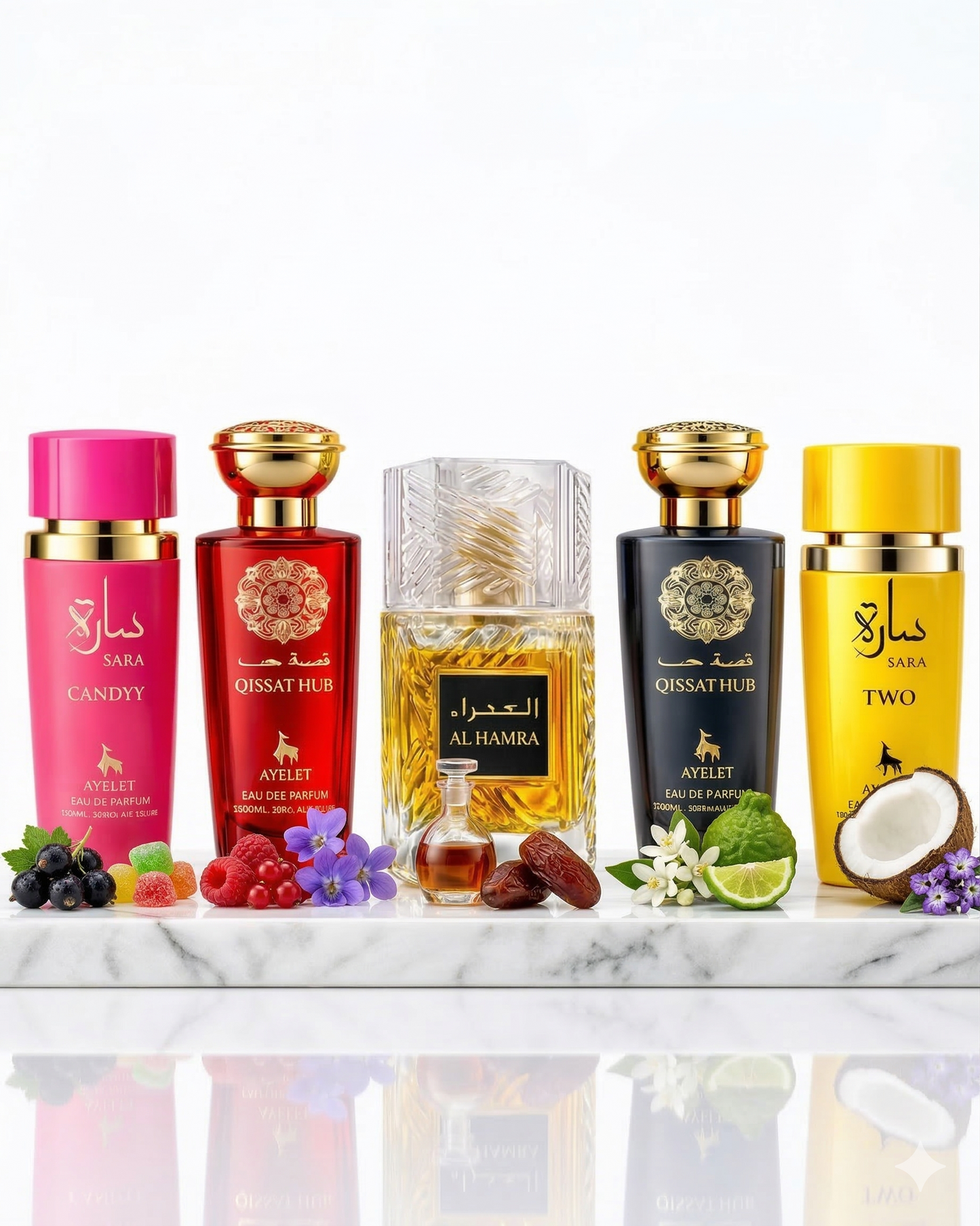 Set 5 Parfumuri Orientale (3x Barbat + 2x Dama) 100ML - Sara Candy + Qissat Hub + Al Hamra + Qissat Hub + Sara Two