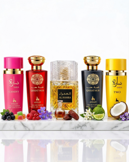 Set 5 Parfumuri Orientale (3x Barbat + 2x Dama) 100ML - Sara Candy + Qissat Hub + Al Hamra + Qissat Hub + Sara Two
