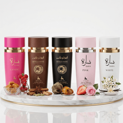 Set 5 Parfumuri Orientale 100ML (3 Dame + 2 Barbat) - Sara Candy + Apollo Mane Brown + Apollo Mane Black + Sara Pink + Sara White