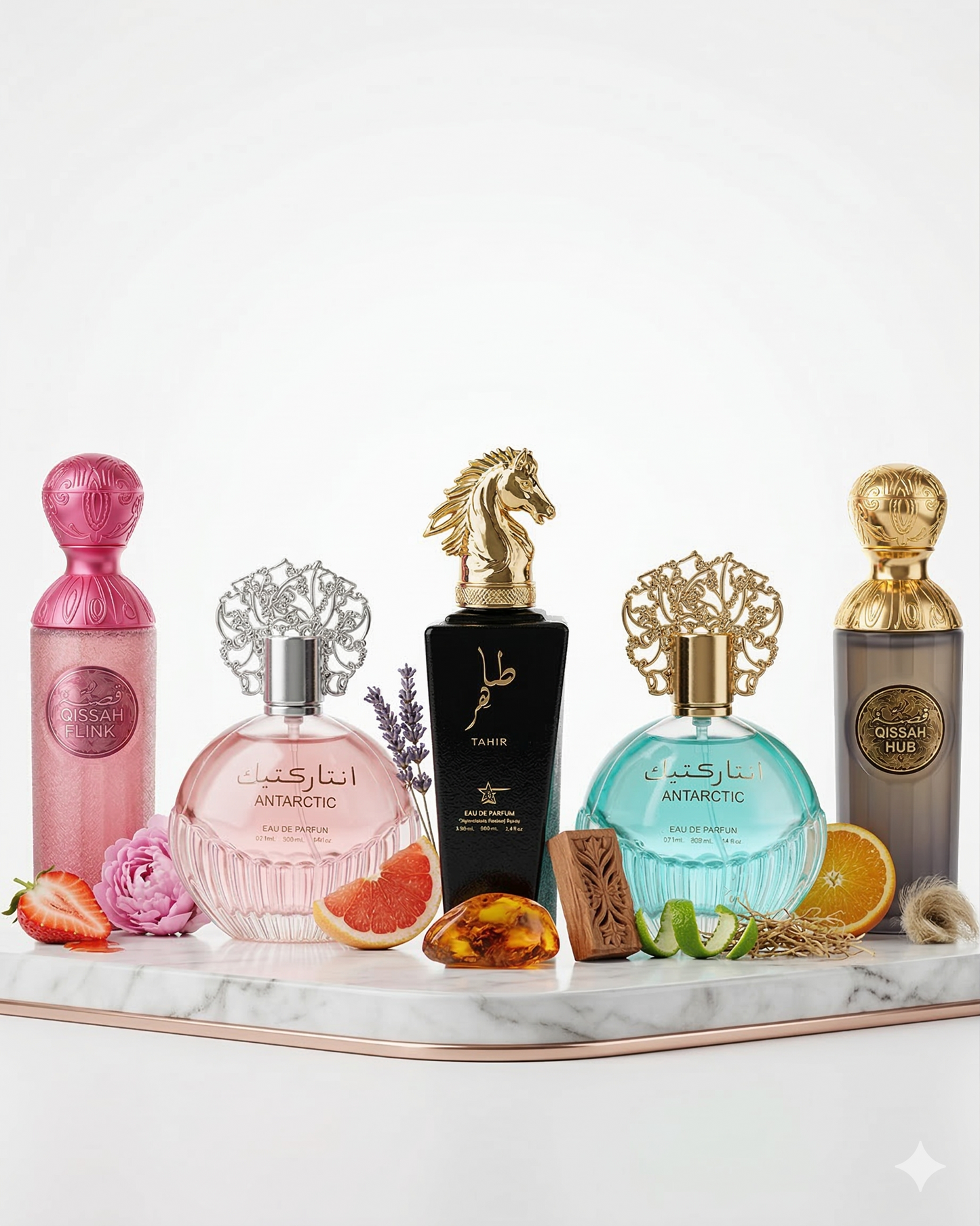 Set 5 Parfumuri Orientale 100ML (2 Dame + 3 Barbati) - Qissah Pink + Antarctic + Tahir + Antarctic + Qissah Grey