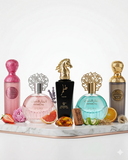 Set 5 Parfumuri Orientale 100ML (2 Dame + 3 Barbati) - Qissah Pink + Antarctic + Tahir + Antarctic + Qissah Grey