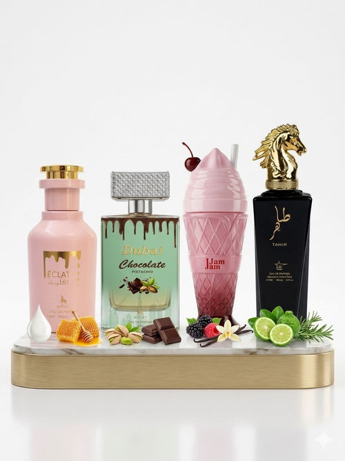 Set 4 Parfumuri Orientale 100ML (2xDama + 2xBarbati)  - Eclat + Dubai Chocolate + Jam Jam + Tahir