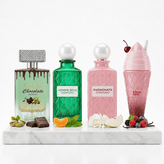 Set 4 Parfumuri Arabesti (2x Barbat + 2x Dama) 100ML - Dubai Chocolate + Admire Soul + Passionate Diamond + Jam Jam - Parfumuri Top
