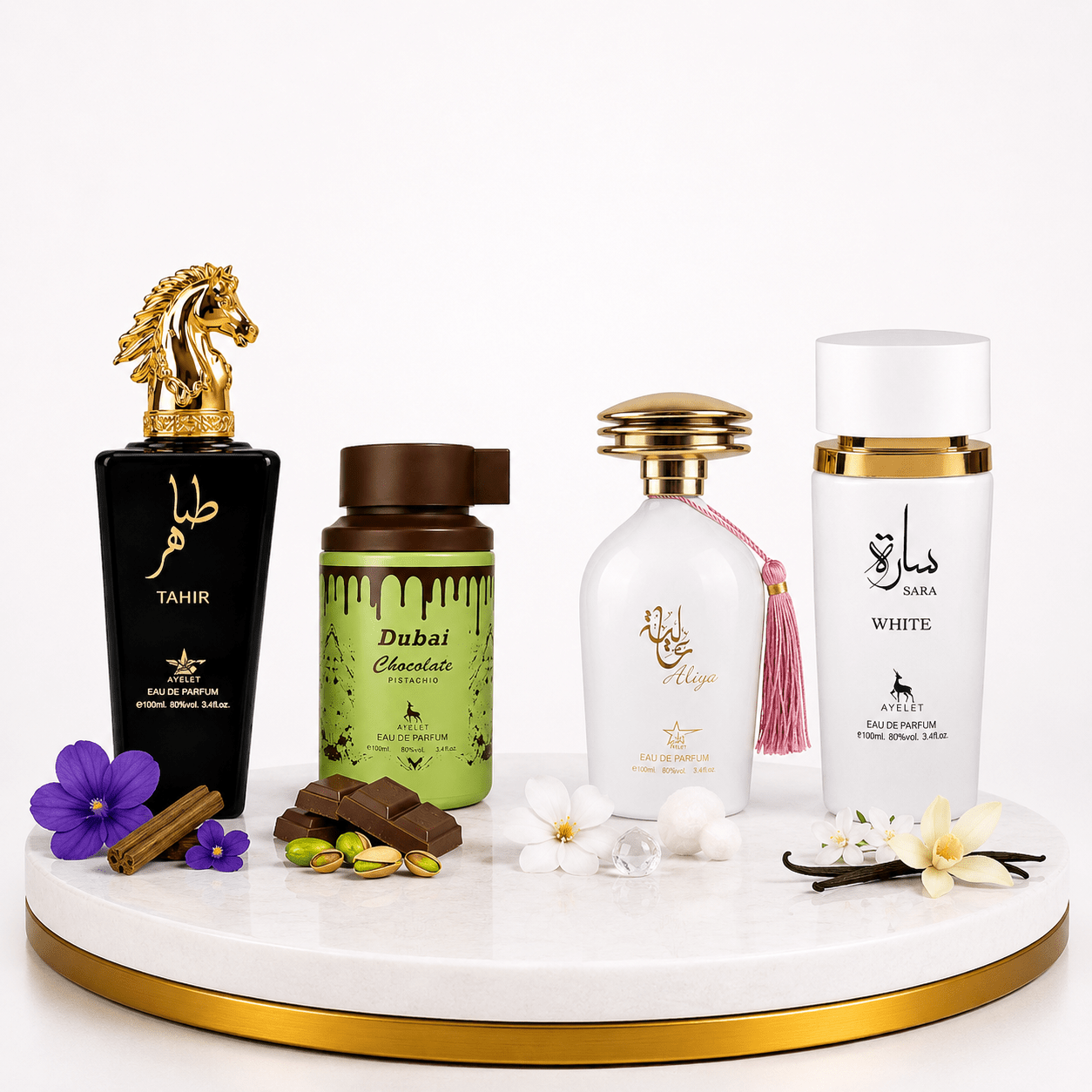 Set 4 Parfumuri Arabesti (2x Barbat + 2x Dama) 100ML - Tahir + Dubai Choco + Aliya + Sara White - Parfumuri Top