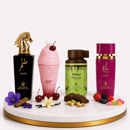 Set 4 Parfumuri Arabesti (2x Barbat + 2x Dama) 100ML - Tahir + Jam Jam + Dubai Choco + Sara Candy - Parfumuri Top