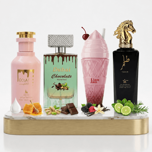 Set 4 Parfumuri Orientale 100ML (2x Dama + 2x Barbati) - Eclat + Dubai Chocolate + Jam Jam + Tahir - Parfumuri Top