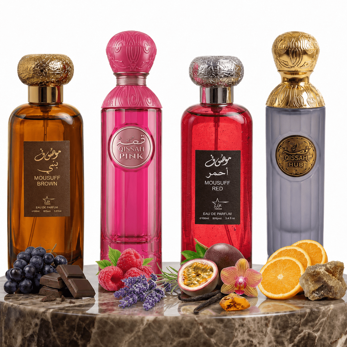 Set 4 Parfumuri Orientale (2x Barbat + 2x Dama) 100ML - Mousuff Brown + Qissah Pink + Mousuff Red + Qissah Grey - Parfumuri Top
