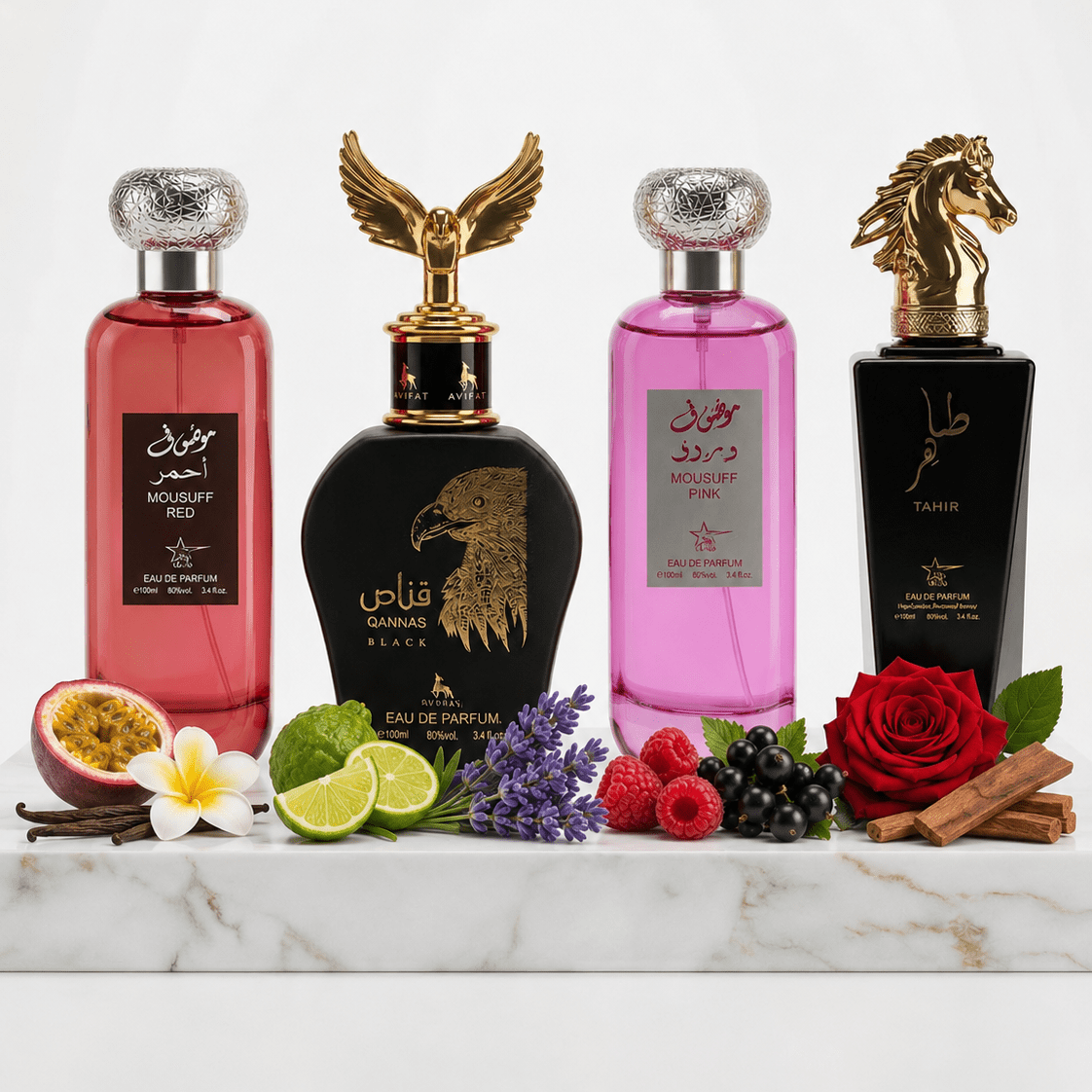 Set 4 Parfumuri Orientale (2x Barbat + 2x Dama) 100ML - Mousuff Red + Qannas Black + Mousuff Pink + Tahir - Parfumuri Top