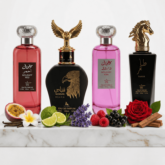 Set 4 Parfumuri Orientale (2x Barbat + 2x Dama) 100ML - Mousuff Red + Qannas Black + Mousuff Pink + Tahir - Parfumuri Top