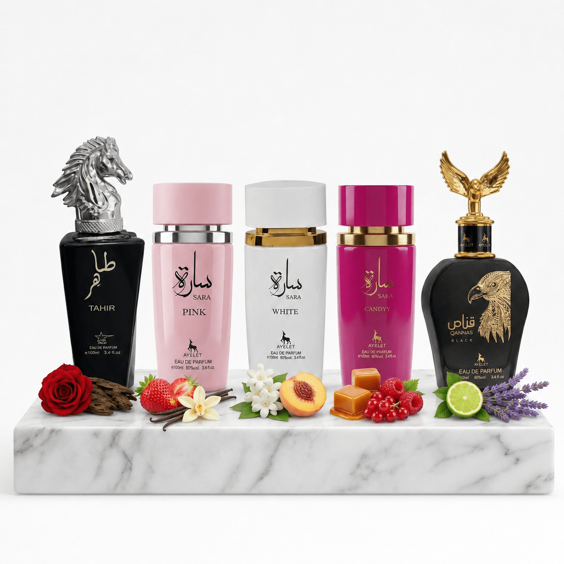 Set 5 Parfumuri Orientale 100ML (3 Dama + 2 Barbat) - Tahir + Sara Pink + Sara White + Sara Candy + Qannas Black - Parfumuri Top