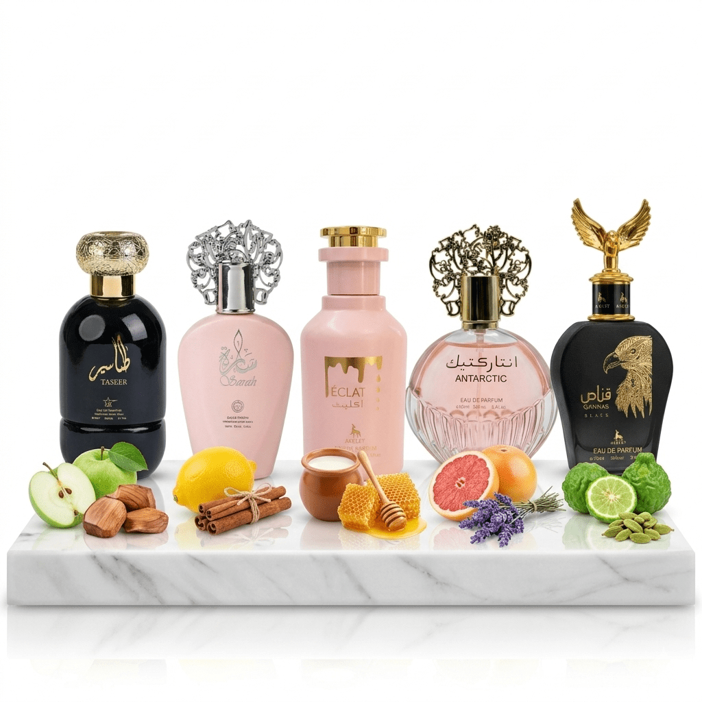 Set 5 Parfumuri Orientale 100ML (3 Dama + 2 Barbat) - Taseer + Sarah + Eclat + Antarctic Pink + Qannas Black - Parfumuri Top