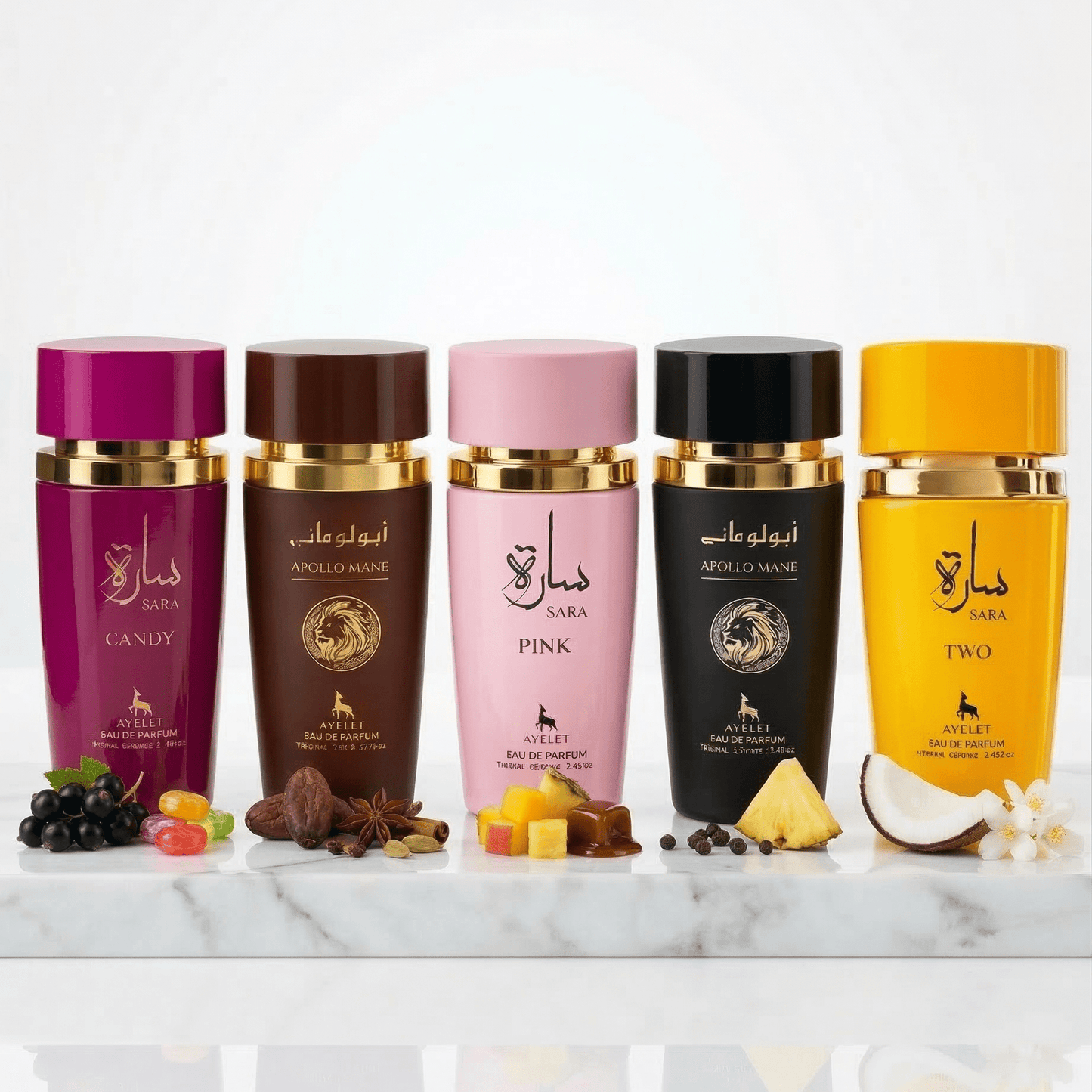 Set 5 Parfumuri Orientale 100ML (3 Dama + 2 Barbati) - Sara Candy + Apollo Mane Brown + Sara Pink + Apollo Mane Black + Sara Two - Parfumuri Top