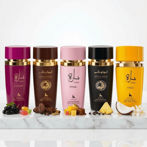 Set 5 Parfumuri Orientale 100ML (3 Dama + 2 Barbati) - Sara Candy + Apollo Mane Brown + Sara Pink + Apollo Mane Black + Sara Two - Parfumuri Top