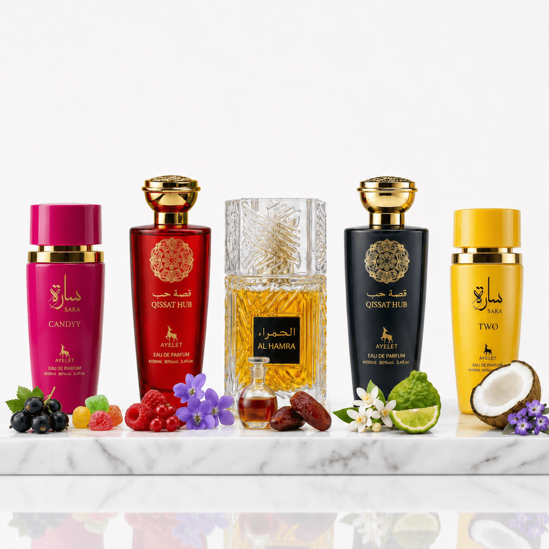 Set 5 Parfumuri Orientale (3x Barbat + 2x Dama) 100ML - Sara Candy + Qissat Hub + Al Hamra + Qissat Hub + Sara Two - Parfumuri Top