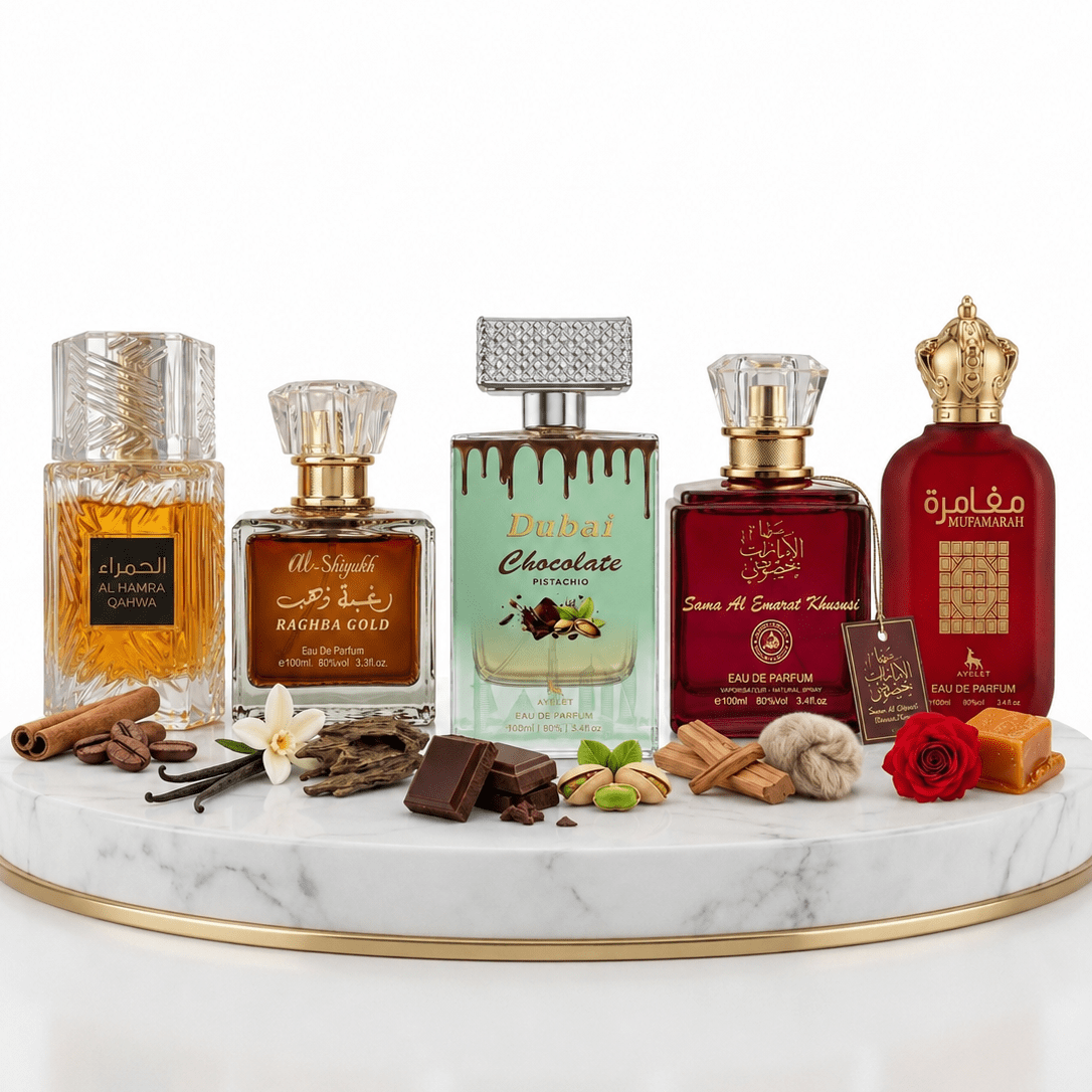 Set 5 Parfumuri Orientale Dama 100ML - Al Hamra Qahwa + Raghba Gold + Dubai Chocolate + Sama Emarat Khususi + Mufamarah - Parfumuri Top