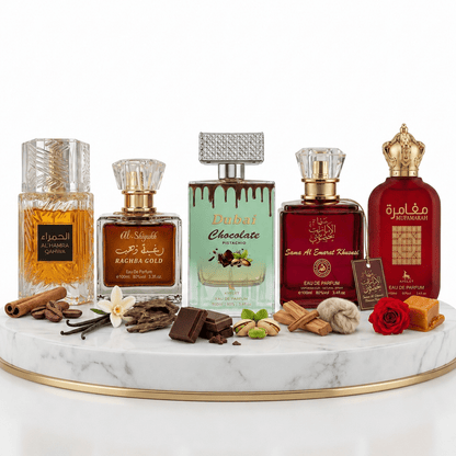 Set 5 Parfumuri Orientale Dama 100ML - Al Hamra Qahwa + Raghba Gold + Dubai Chocolate + Sama Emarat Khususi + Mufamarah - Parfumuri Top