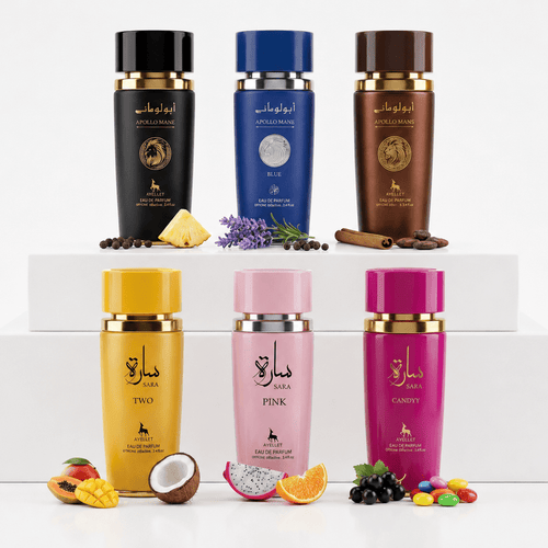 Set 6 Parfumuri Orientale 100ML (3 Dama + 3 Barbati) - Apollo Black + Apollo Blue + Apollo Brown + Sara Two + Sara Pink + Sara Candy - Parfumuri Top
